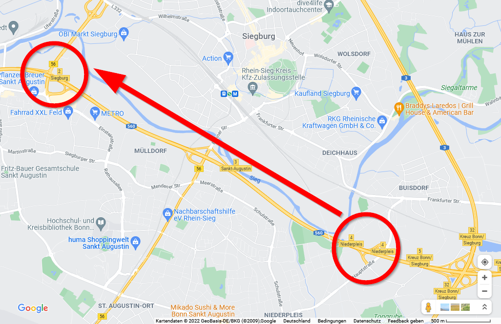 Markings on a screenshot of Google Maps, denoting the area of danger